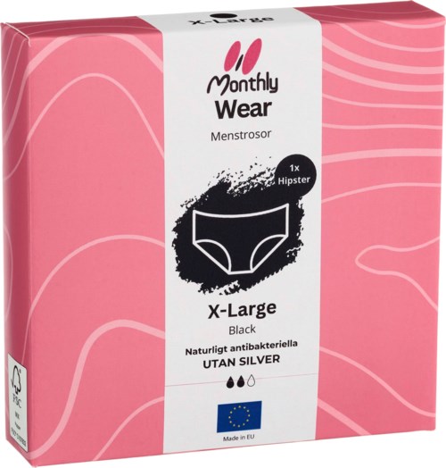 Rote Schachtel mit schwarzem Menstruationsunterwäsche, beschriftet 'Monthly Wear,' Größe X-Large, hergestellt in der EU.