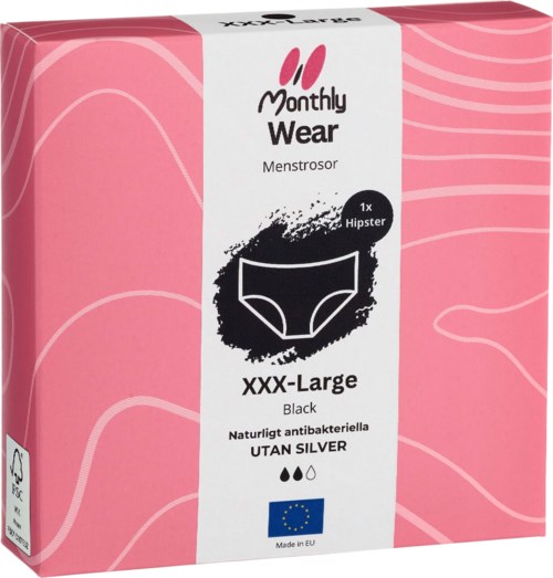 Pink und schwarzes Paket für monatliche Herrenunterwäsche mit antibakteriellen Eigenschaften und EU-Flagge.