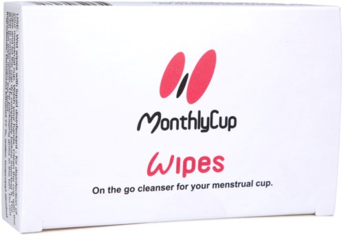 Eine weiße Schachtel mit rosa und schwarzem Logo, den Worten "MonthlyCup Wipes" und Text über Menstruationsbecherreiniger.