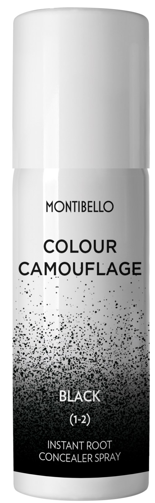 Valkoinen Montibello-spraypullo peittää tyveä mustalla värillä. Yksinkertainen etiketti, jossa on mustia täpliä.