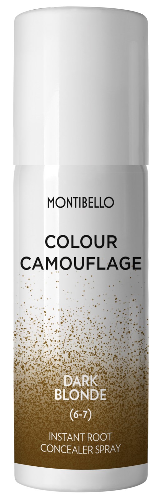Valkoinen sylinterin muotoinen suihkepullo, jossa on musta ja kultainen teksti, nimeltä 'Montibello Colour Camouflage Dark Blonde'.
