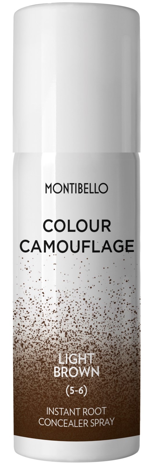 Valkoinen sylinterin muotoinen pullo, jossa lukee 'Montibello Colour Camouflage, Light Brown, Instant Root Concealer Spray.'