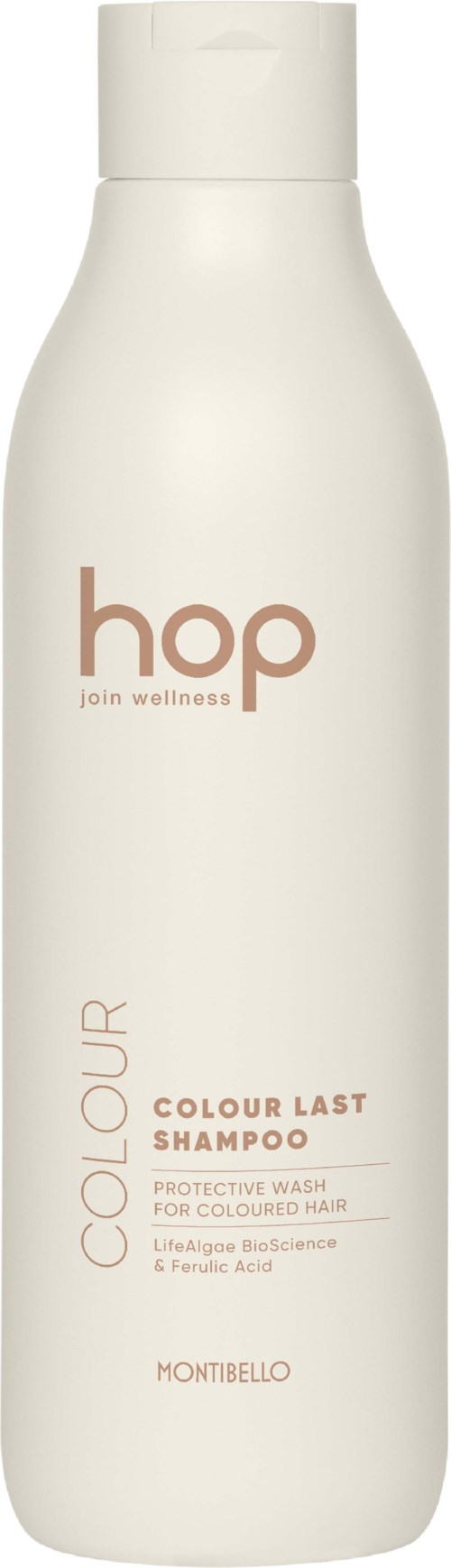 Valkoinen pullo, jossa beige teksti 'hop join wellness,' sisältää värjätyn hiuksen suojaavan shampoon.