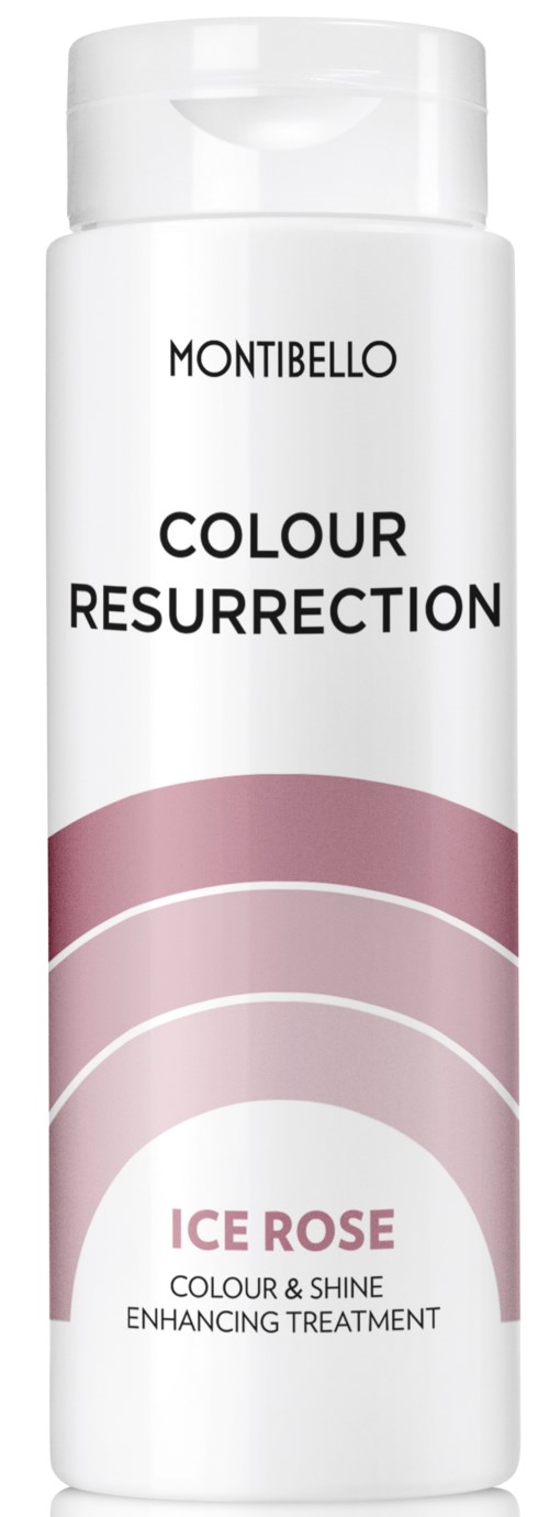 En hvit flaske merket Montibello Colour Resurrection Ice Rose for hårfarge og glansforbedring.