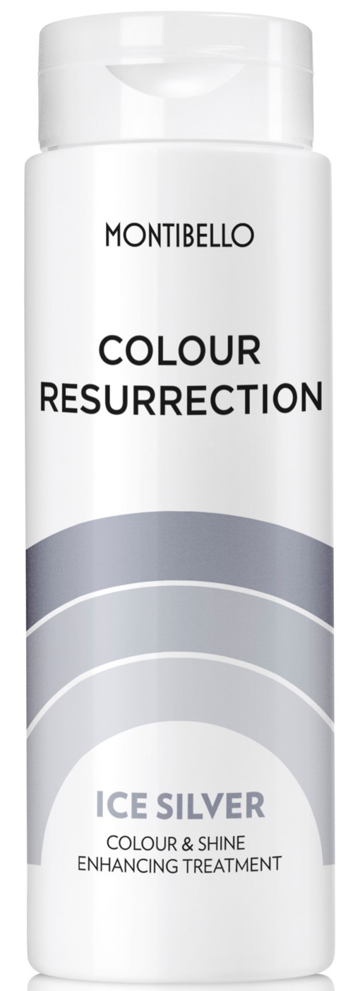 En hvit flaske merket 'Montibello Colour Resurrection Ice Silver' med grå og sølv kurver, for hårpleie.