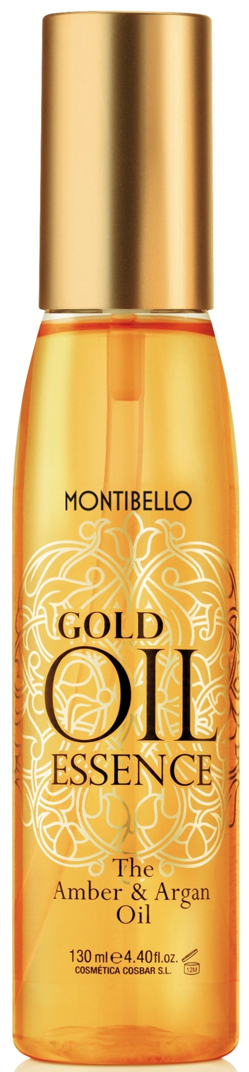 Pieni, kultainen pullo, jossa kultaista korkkia, etiketti 'Montibello Gold Oil Essence' sisältää meripihkan ja arganöljyä.