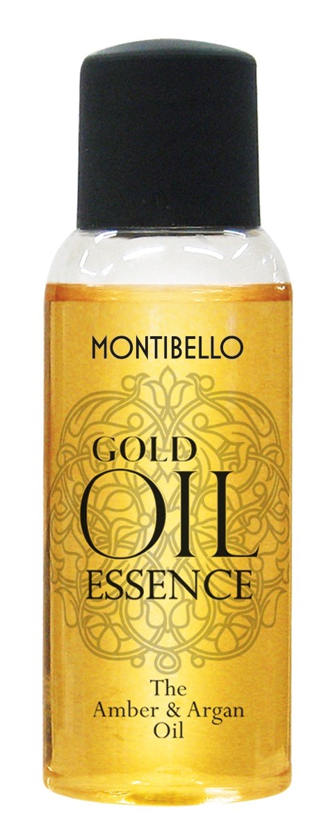 Pieni keltainen pullo, jossa lukee 'Montibello Gold Oil Essence', sisältää meripihkan ja arganöljyä.