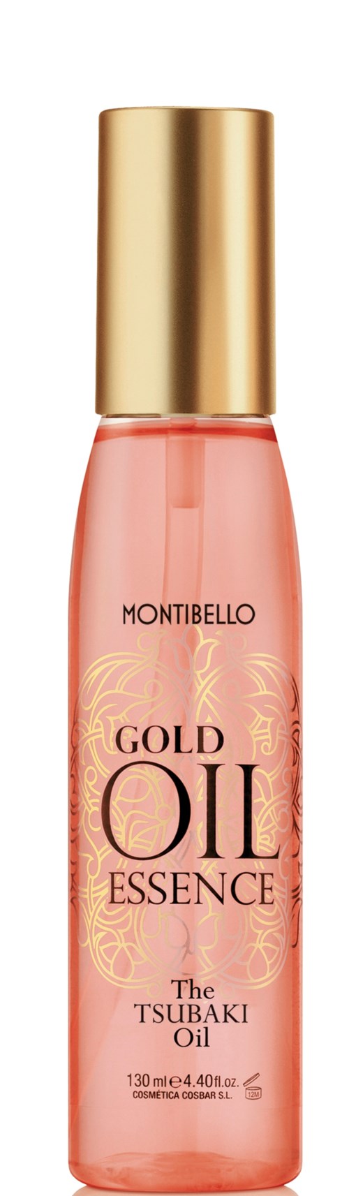 Pinkki pullo kulttisella korkilla sisältäen Montibello Gold Oil Essence, Tsubaki-öljyä iholle tai hiuksille.