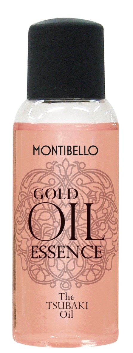 Pieni pullo Montibello Gold Oil Essencea hiuksille, mustalla kannella ja vaaleanpunaisella etiketillä.
