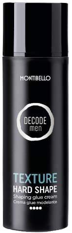 Mustaviske lasi, jossa teksti 'Montibello Decode Men Texture Hard Shape', tarkoitettu miehen hiusten muotoiluun.
