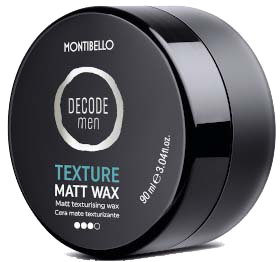 En rund svart behållare med lock. Den är märkt 'Texture Matte Wax' för herrvax av Montibello.