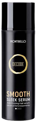 Svart flaske med sølv- og gulltekst, merket 'Montibello Decode Smooth Sleek Serum', som indikerer et hårpleieprodukt.