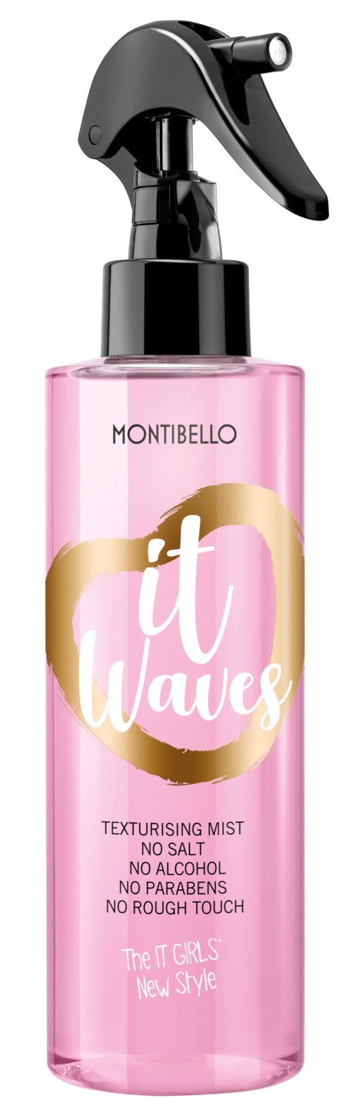 En rosa sprayflaska märkt 'Montibello it waves' för texturiserande mist, med svart sprayhuvud och gyllene och vita text.