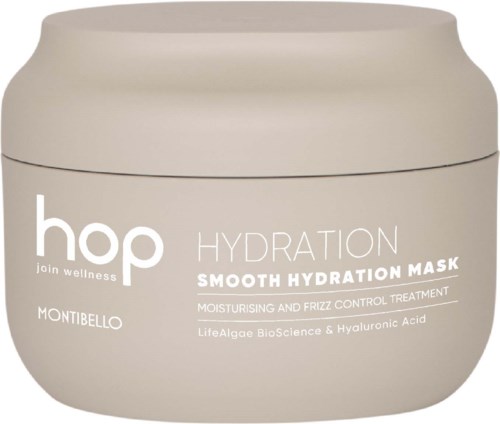 En rund beige krukke med hvit tekst, kalt Hop Hydration, for å fukte og jevne ut huden.