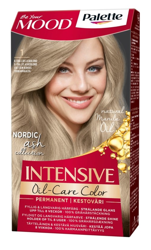 En leende kvinna med långt, blont hår på en hårfärgningsförpackning märkt "Intensive Oil-Care Color."