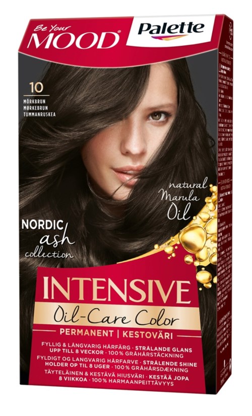 Verpakking van haarverf met een vrouw met donker, glanzend haar, labeled 'Intensive Oil-Care Color' met natuurlijke manuka olie.