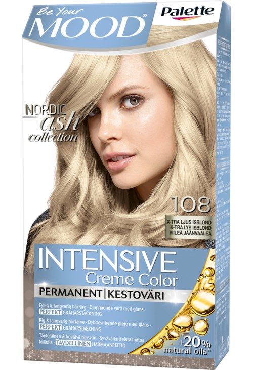 En hårfärgningslåda visar en kvinna med blond, vågig hår. Varumärket är Palette, och den påstår sig vara intensiv, hållbar och naturlig.