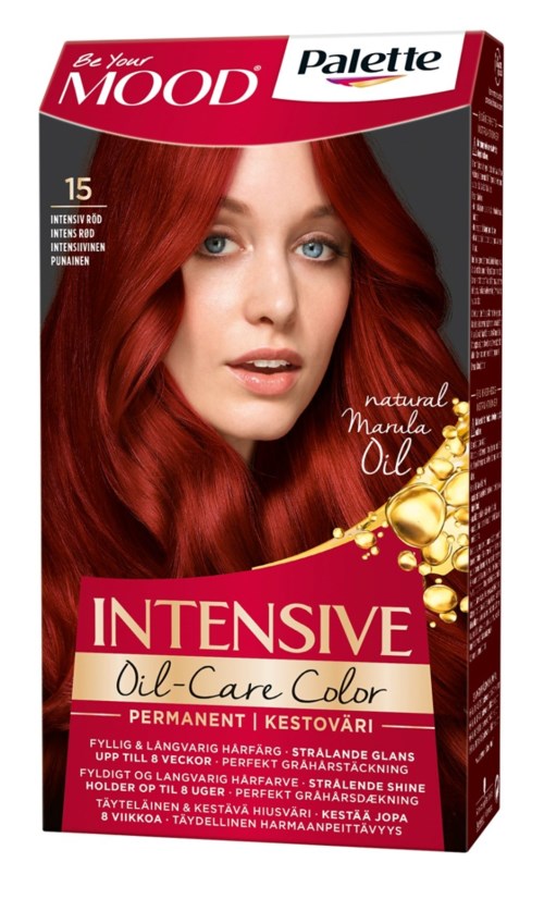 Roodharige vrouw met blauwe ogen op haarverfdoos. Tekst bevat merk, tint en voordelen van natuurlijke manula-olie.