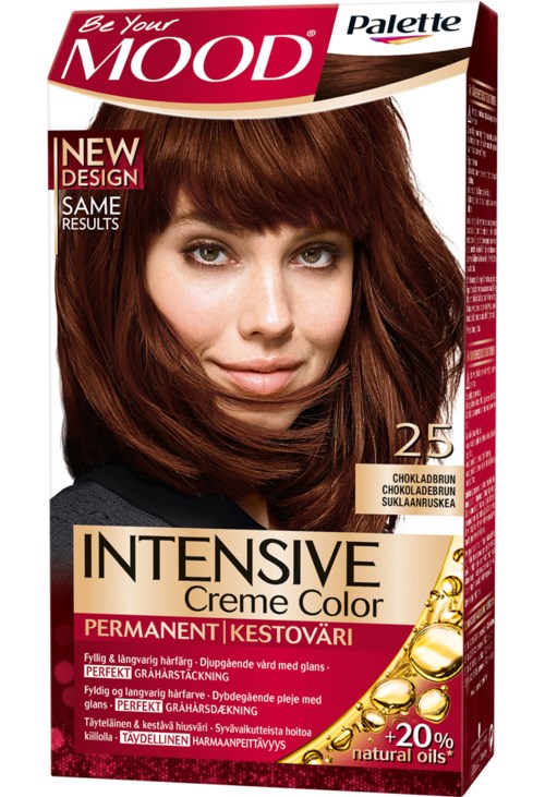 En hårfärgningsbox visar en kvinna med brunt-rött hår, nämner 'Intensive Creme Color'.