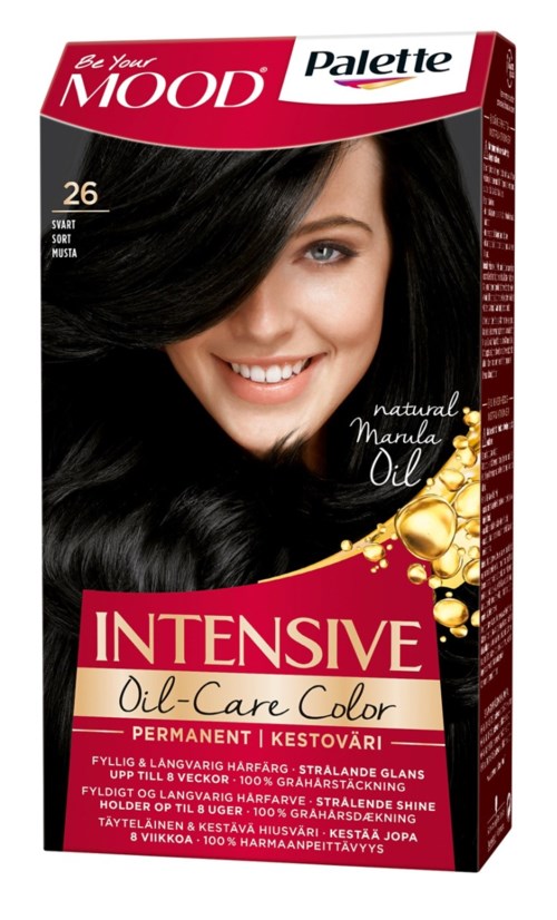 Een vrouw met lang, zwart haar die glimlacht en een doos haarverf promoot genaamd Palette Intensive Oil-Care Color.