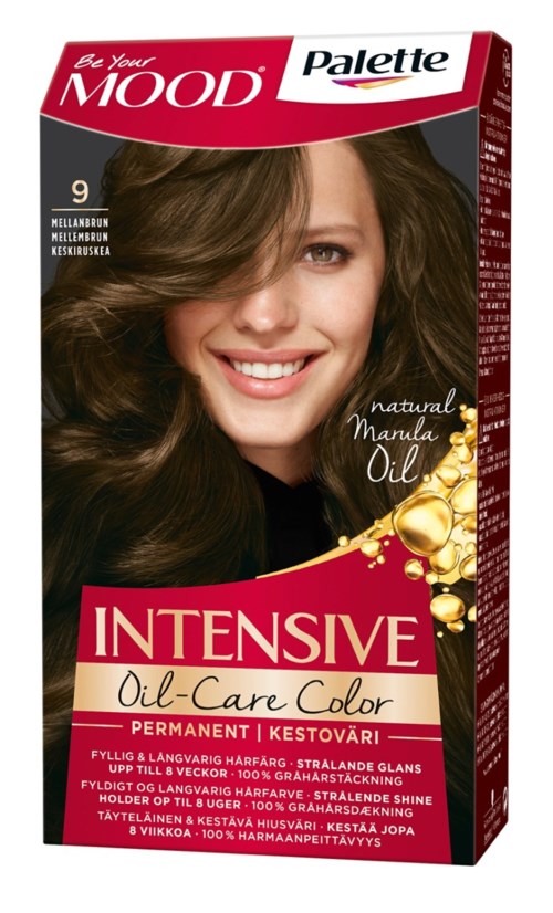 Doos met haarverf met een lachende vrouw die donkerbruin haar laat zien en gouden oliënillustraties.
