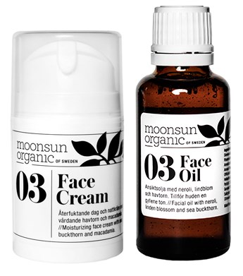 Een flesje gezichtsolie en een potje gezichtscrème van Moonsun Organic uit Zweden.