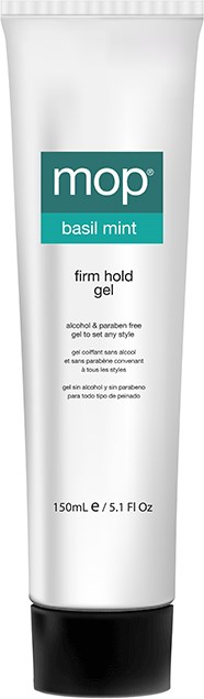 Eine Tube mit weißem Etikett und schwarzem Deckel, gekennzeichnet mit 'mop' und 'basil mint', zeigt ein Gelprodukt.
