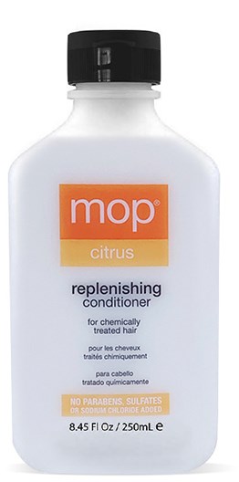 Eine weiße Flasche mit der Aufschrift 'mop citrus replenishing conditioner' für chemisch behandeltes Haar, 250 ml, mit schwarzem Deckel.