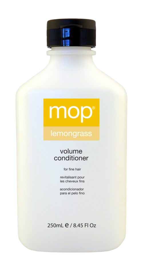 Eine weiße Flasche MOP Zitronengras Volumen Conditioner, 250ml, für feines Haar.
