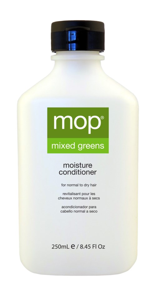 Eine weiße Flasche mit schwarzem Deckel, beschriftet 'mop mixed greens moisture conditioner'.