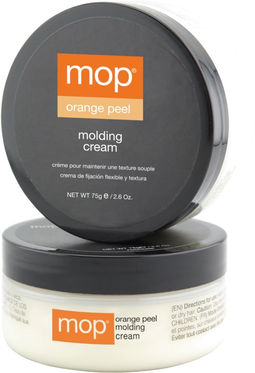 Zwei runde Behälter mit MOP Orange Peel Forming Cream sind gestapelt, mit Etiketten, die Produktdetails zeigen.