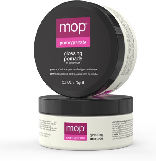 Zwei Behälter MOP Granatapfel Glanzpomade, schwarz oben und weiß unten, mit pinken Etiketten.