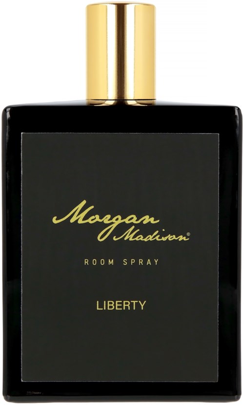 A black bottle with a gold cap, labeled Morgan Madison Liberty room spray.