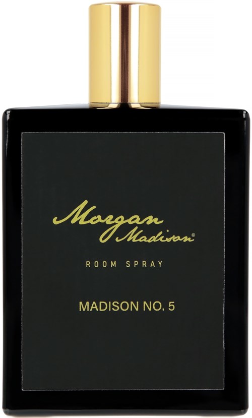 A black perfume bottle with a gold cap and a black label with gold writing.