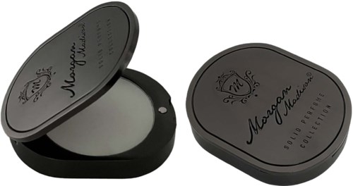 A black compact mirror with a logo and text, opened to show the mirror inside.