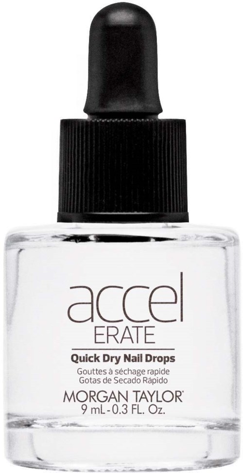 Eine klare Nageltropfflasche mit schwarzem Verschluss, beschriftet 'Accelerate Quick Dry Nail Drops'.