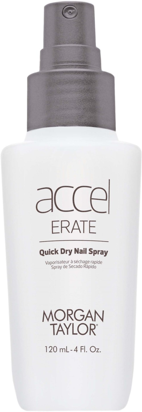 Eine weiße Flasche mit schwarzem Sprühkopf, beschriftet 'Acca, Frate, Quick Dry Nail Spray, Morgan Taylor, 120 mL.'