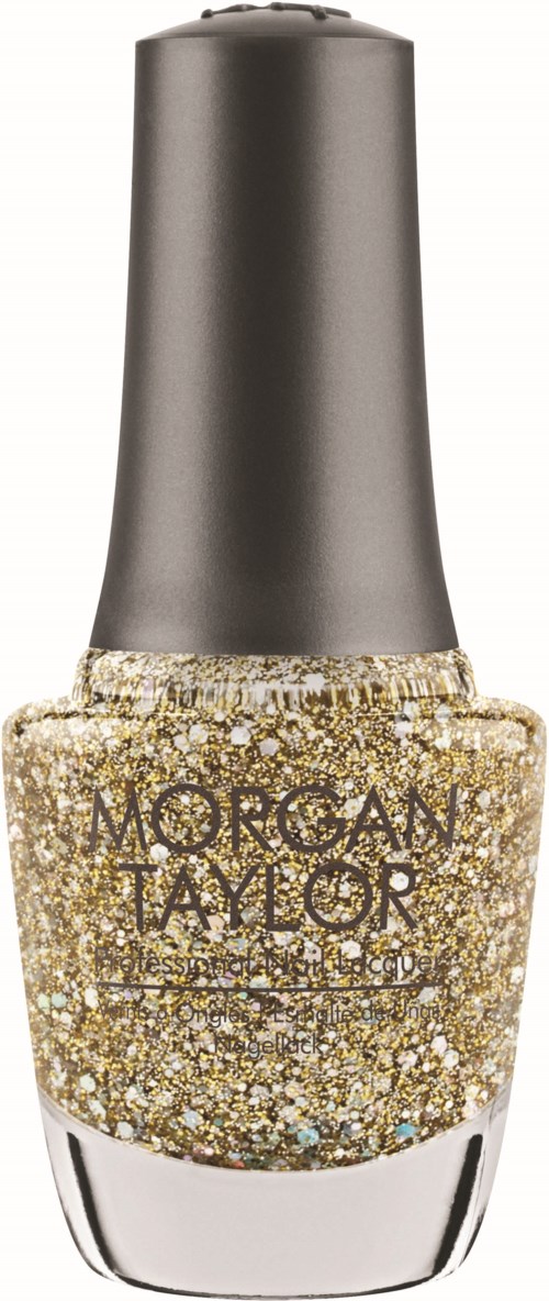 Ein glitzernder goldener Nagellackflasche von Morgan Taylor mit silberner Kappe.
