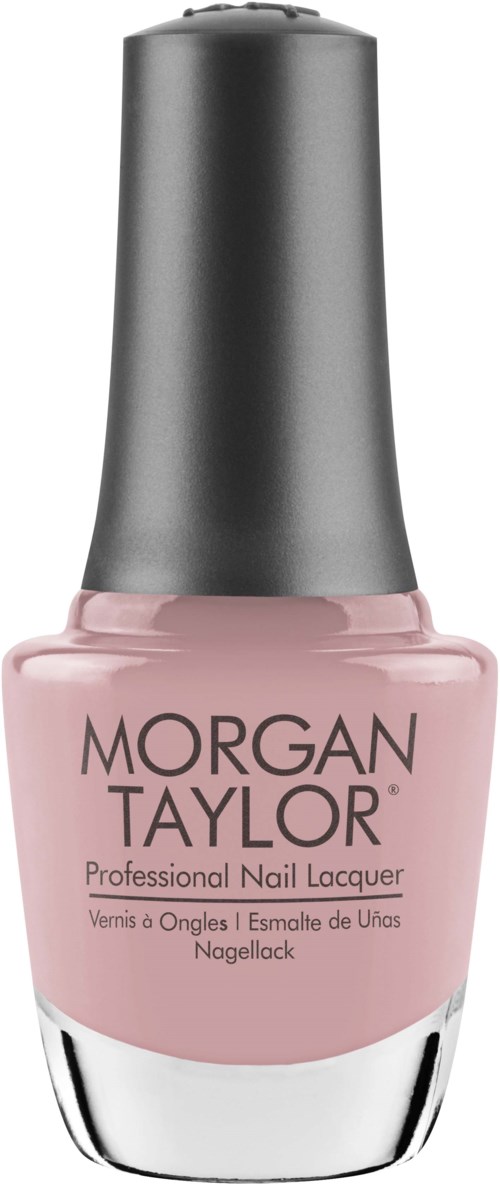 Eine rosa Nagellackflasche mit grauem Deckel, labeled Morgan Taylor, Professional Nail Lacquer.
