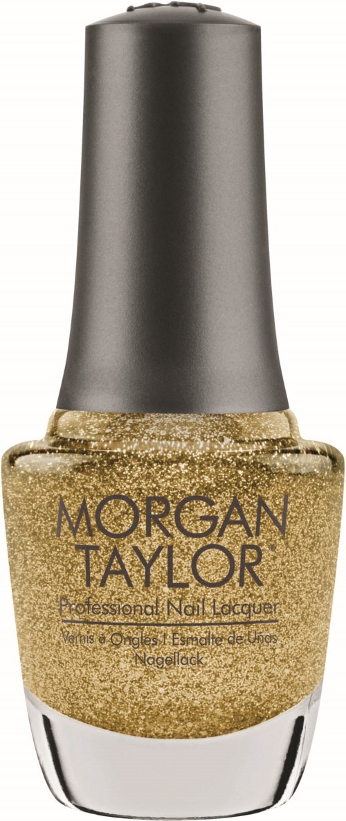 Eine Flasche goldener Glitzer-Nagellack von Morgan Taylor.
