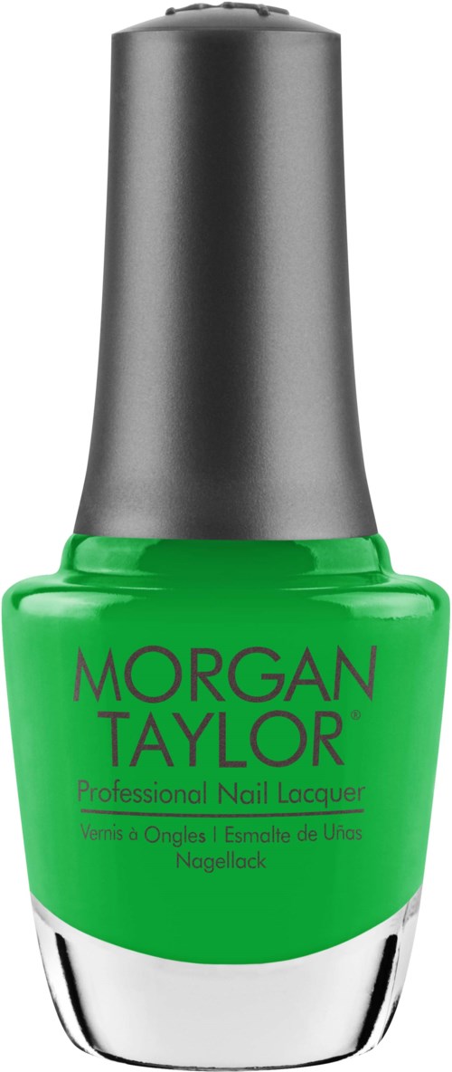 Eine hellgrüne Nagellackflasche mit silberner Kappe und Morgan Taylor-Logo auf der Vorderseite.