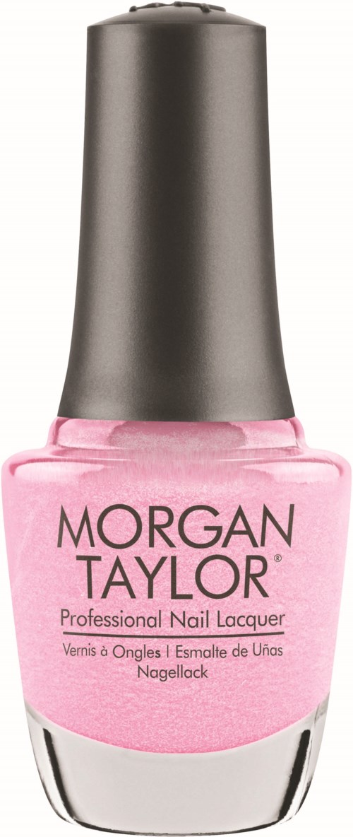 Hellrosa Nagellack in einer Flasche mit schwarzem Deckel, beschriftet Morgan Taylor, professioneller Nagellack.