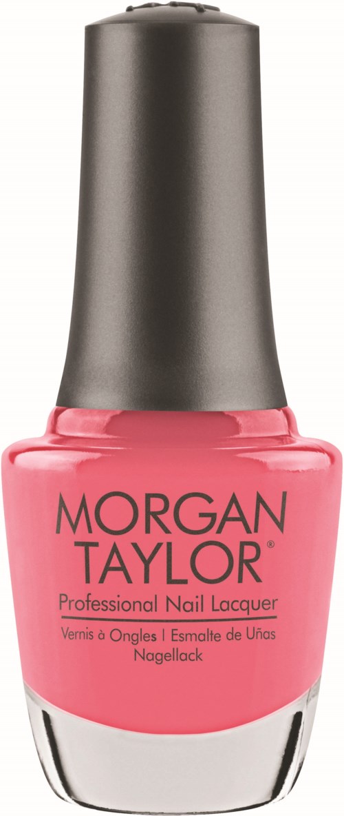 Eine rosa Nagellackflasche mit einem silbernen Deckel und schwarzem Text "Morgan Taylor".