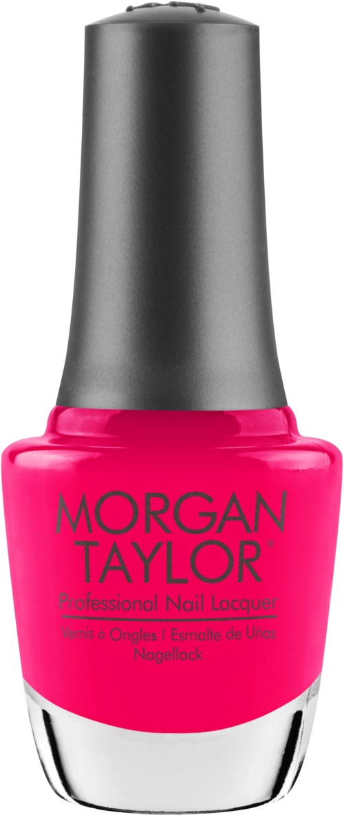 Helles pinkes Nagellack in einer Flasche mit schwarzem Deckel und silberner Basis, gekennzeichnet 'Morgan Taylor.'