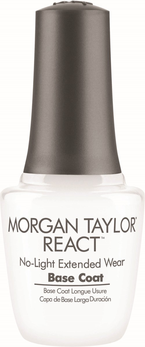 Eine Flasche Morgan Taylor React No-Light Extended Wear Base Coat Nagellack mit silberner Kappe.