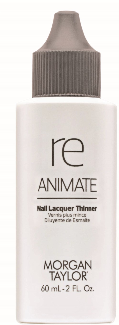 Eine weiße Nagellackflasche mit der Aufschrift 're ANIMATE' von Morgan Taylor mit beigem Schraubverschluss.