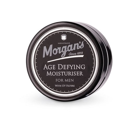 A round container of men's moisturizer called Morgans, with black and white label, containing UV filters.