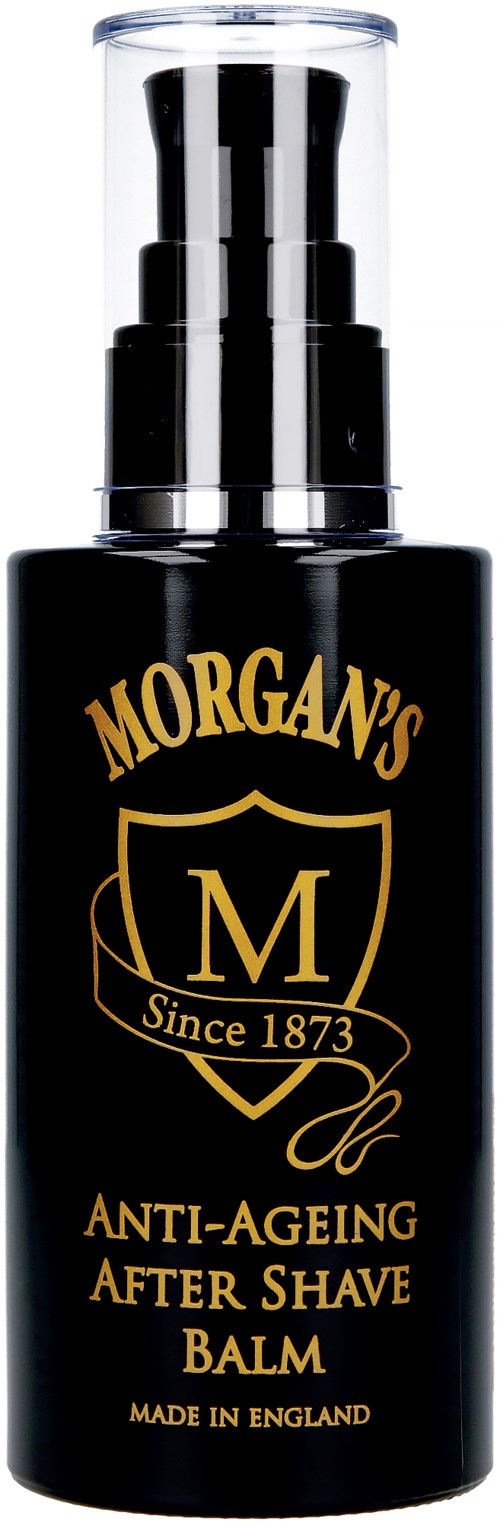 Black bottle with gold logo and text for anti-ageing after shave balm. It has a pump dispenser and is made in England.