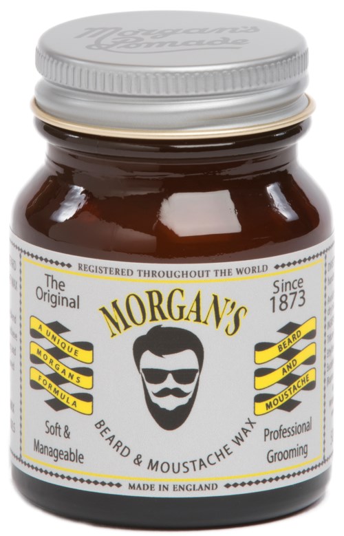 A jar of Morgan's beard and moustache wax, with a white lid and label featuring a bearded man with sunglasses.