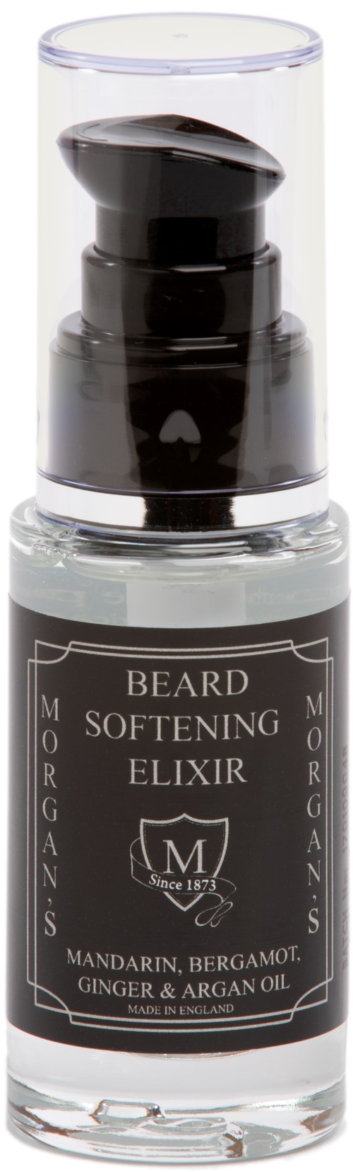 En liten flaske med skjeggmykgjørende eliksir med pumpe, inneholder mandarin, bergamot, ingefær og arganolje.